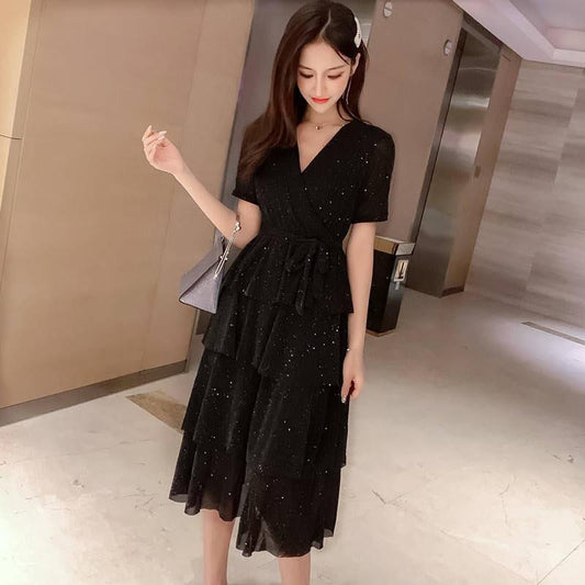 Fashion V-neck Mesh Dress Female Summer Sequins Multilayer Skirt Loose Long Dress for Party Evening