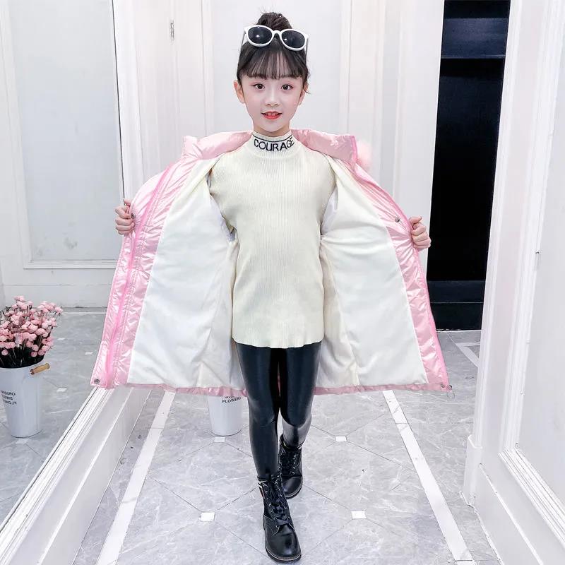 Girls' Winter Cotton-padded Clothes Children's Plus Velvet and Thick Mid-length Down Coat Bright and Wash-free Cotton-padded Jackets