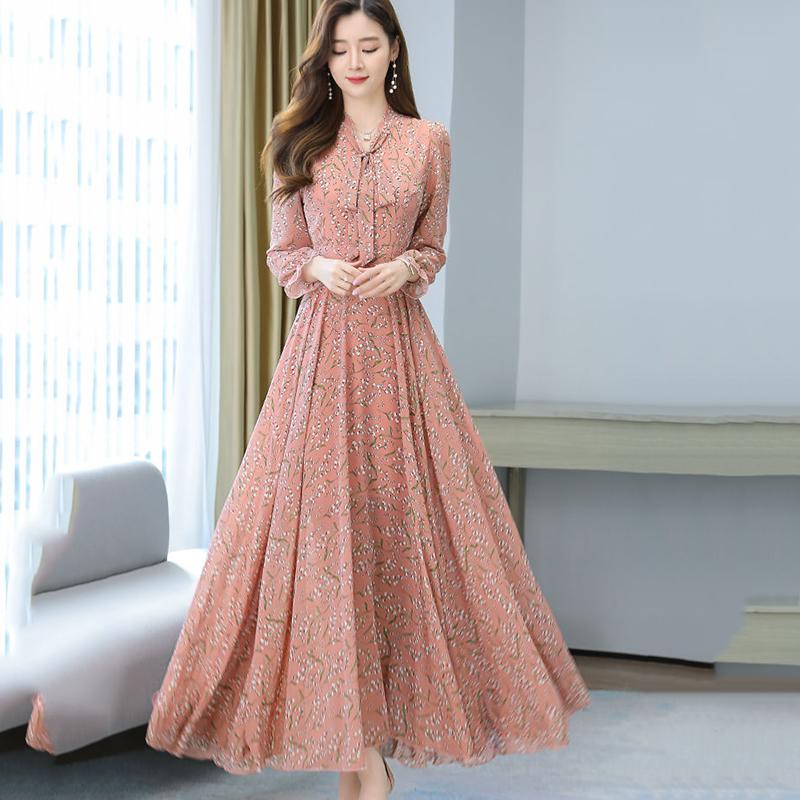 Chiffon Long Sleeve Dress Spring and Autumn Floral Chiffon Super Fairy Waist Beach Dress Long Skirt Fabric Lightweight Breathable