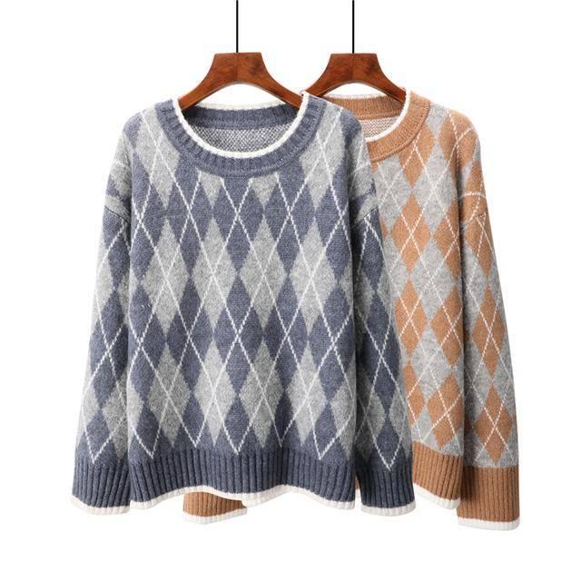 Loose Pullover Sweater Women's Autumn and Winter Retro Diamond Plaid Thick Knitted Sweater