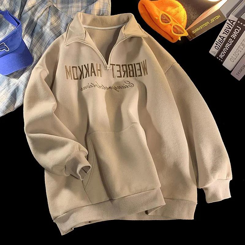 Women's High Street Polo Shirt Sweater Spring and Autumn Loose Ins Lazy Style Top Ladies Bf Thin Long Sleeve Big Pocket Pullover Coat