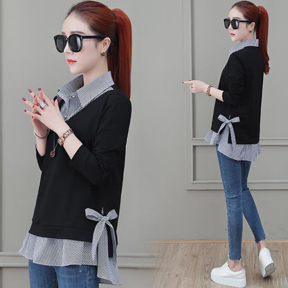 Cotton Plus Size Fake Two-piece Blouse Fall Loose Long Sleeve Sweater Women