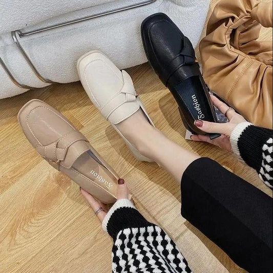 British Style Retro Square Toe Mid-heel Thick-heeled Leather Shoes Women All-match Leather Shoes Women's Shoes Single Shoes Loafers Work Shoes