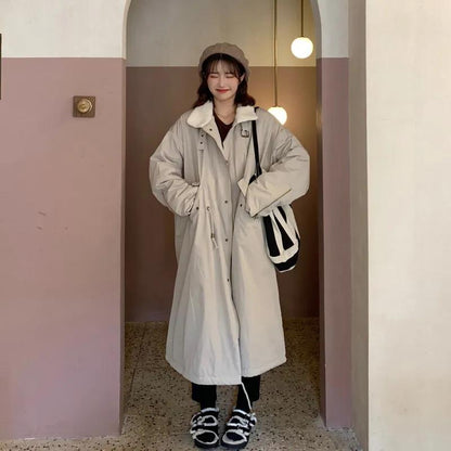Ladies Lamb Wool Tooling Jacket Hong Kong Style Loose Quilted Jacket Over The Knee Loose Parkas