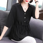 Short-sleeved Chiffon Shirt Women's Mid-sleeve Summer Loose Belly Cover Waist Top Solid Color V-neck Large Size Mid-length Thin Blouses Drawstring Top