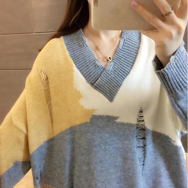 Autumn Women's V-neck Sweater Loose Outer Wear Basement Knit Top Women's Loose Sweet Hollow Long Sweater Comfortable Inside