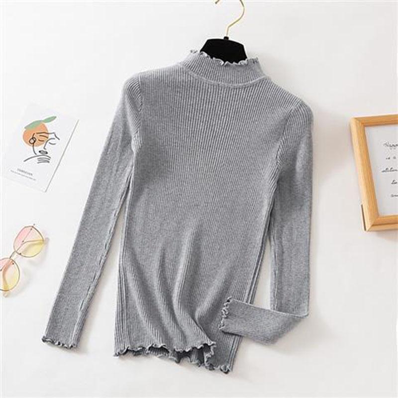 Autumn Winter New Style Half High Neck Knit Sweater with Wooden Ears Long-sleeved Pullover Slim-fit Lace-neck Sweater Women's Bottoming Shirt