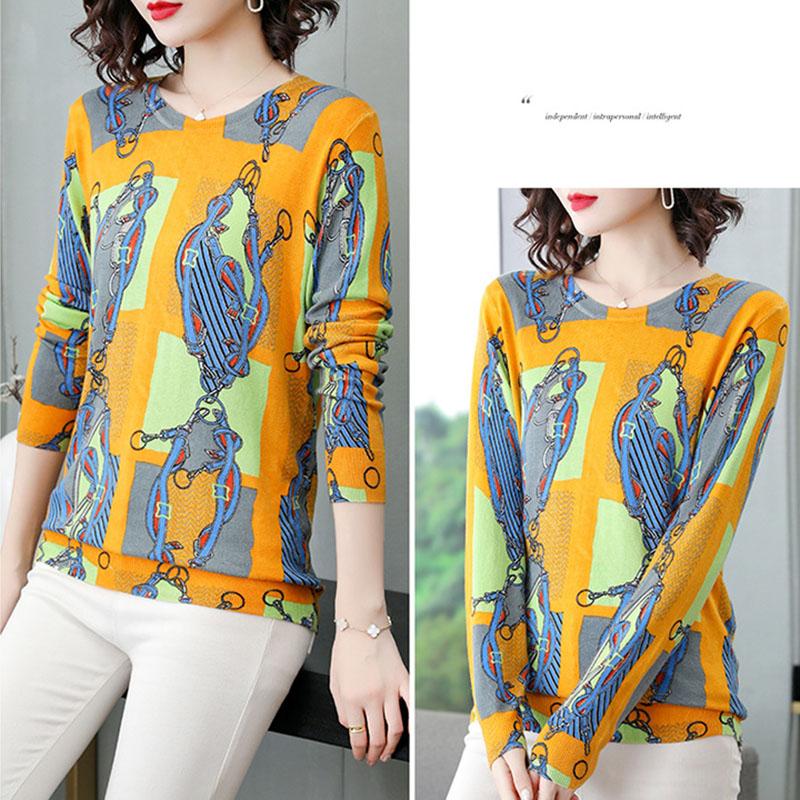 Autumn  Winter Vintage Printed O-Neck Sweater Long Sleeve Pullover Loose Plus Size Wool Blend Sweater Women Knitwear Female Knit Jumper Tops