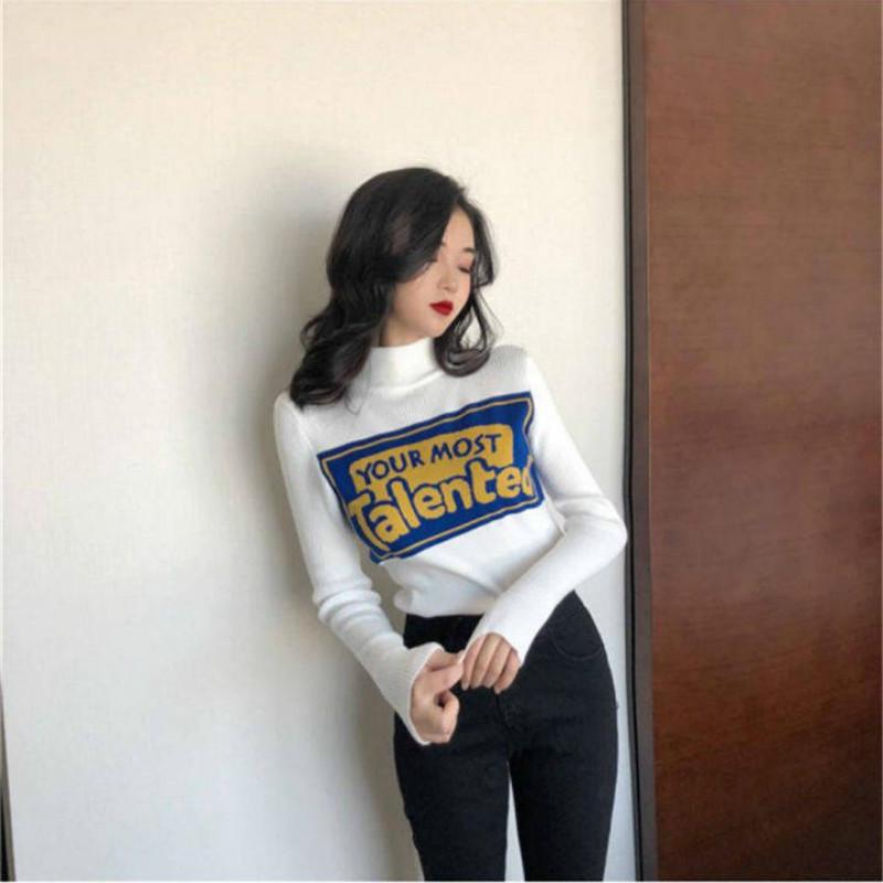 Individual Letters Print Bottoming Shirt Women's Tight Pullover Long-sleeved Wild Sweater