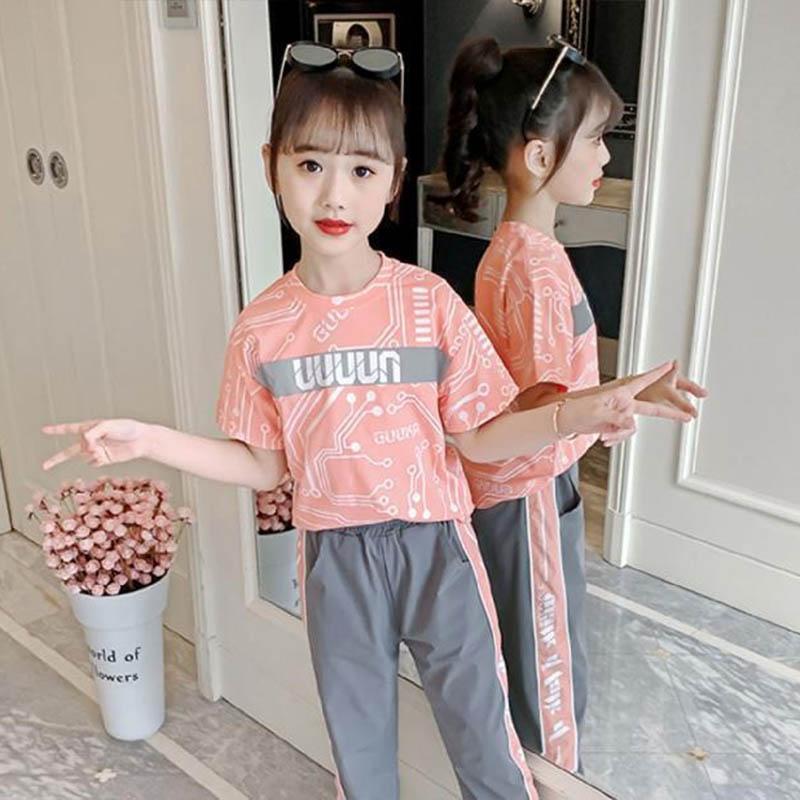 Girls Summer Casual Short-sleeved Suits Children's Sports Loose Sweatpants Sweat-absorbing Skin-friendly Soft Korean Children's Suits