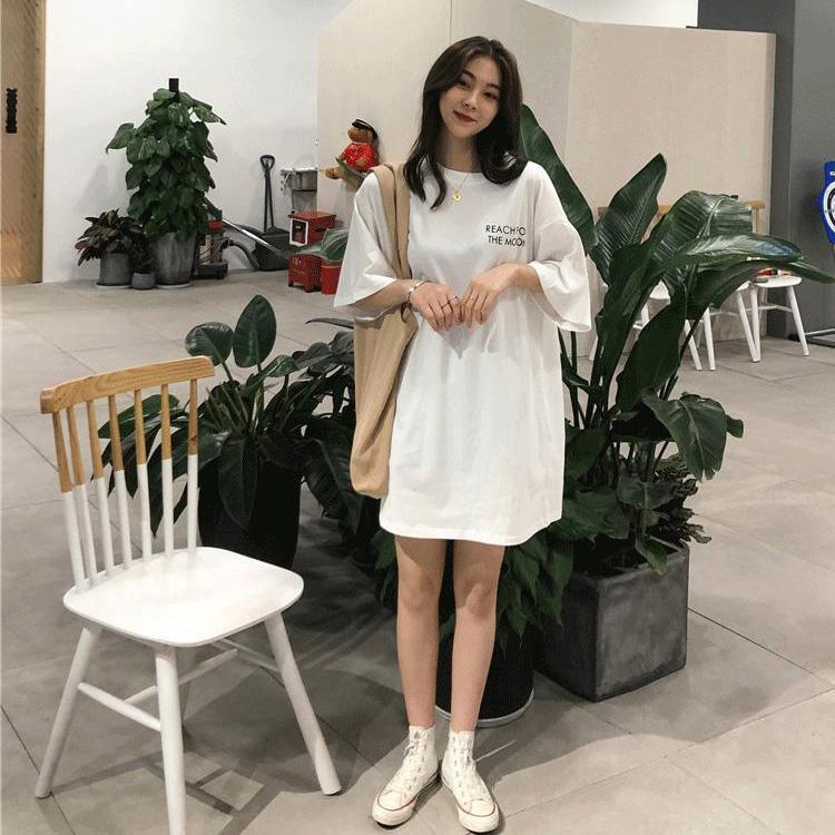 WTEMPOLarge Loose Casual Short Sleeve Round Neck Simple Lace Free Belt Mid-length Women's Dress Daily