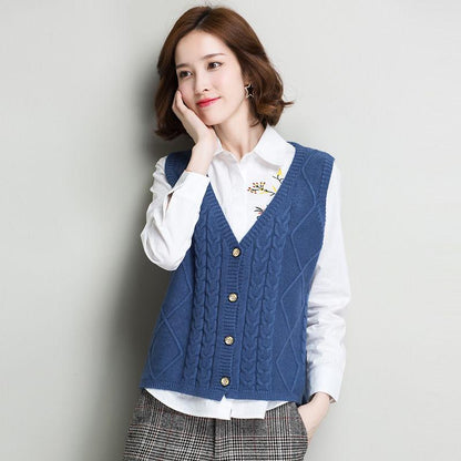 Women's Sweater Vest Short All-match V-neck Woolen Vest Sleeveless Sweater Top Ladies Pure Color Temperament Sweater Vest