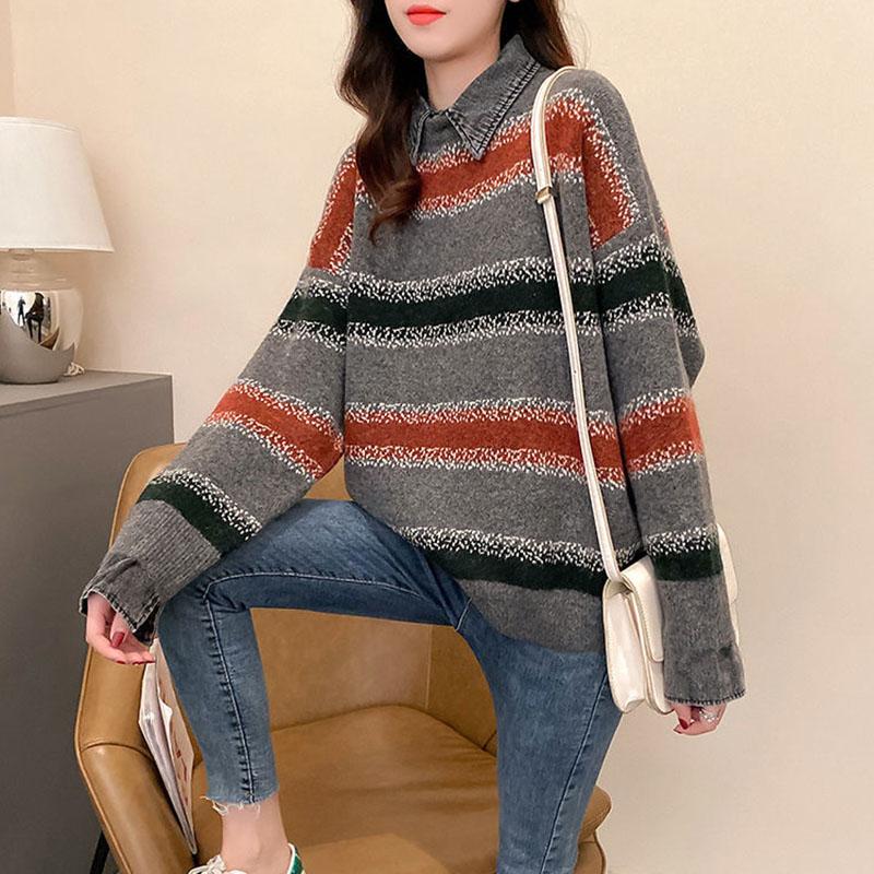 Fake Two Piece Stitching Shirt Denim Collar Sweater Women Autumn and Winter Korean Loose Fashion All-match Blouse Women