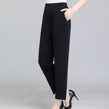 Spring Summer Autumn Thin Mother Middle-aged and Elderly Casual Straight Cropped Trousers Loose High Waist Elastic Waist Women