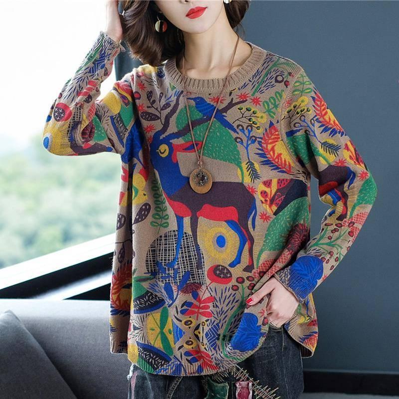 Oversized Women's Pullover Sweater Autumn Winter Loose Printed Knitted Sweater Bottoming or Outer Wear