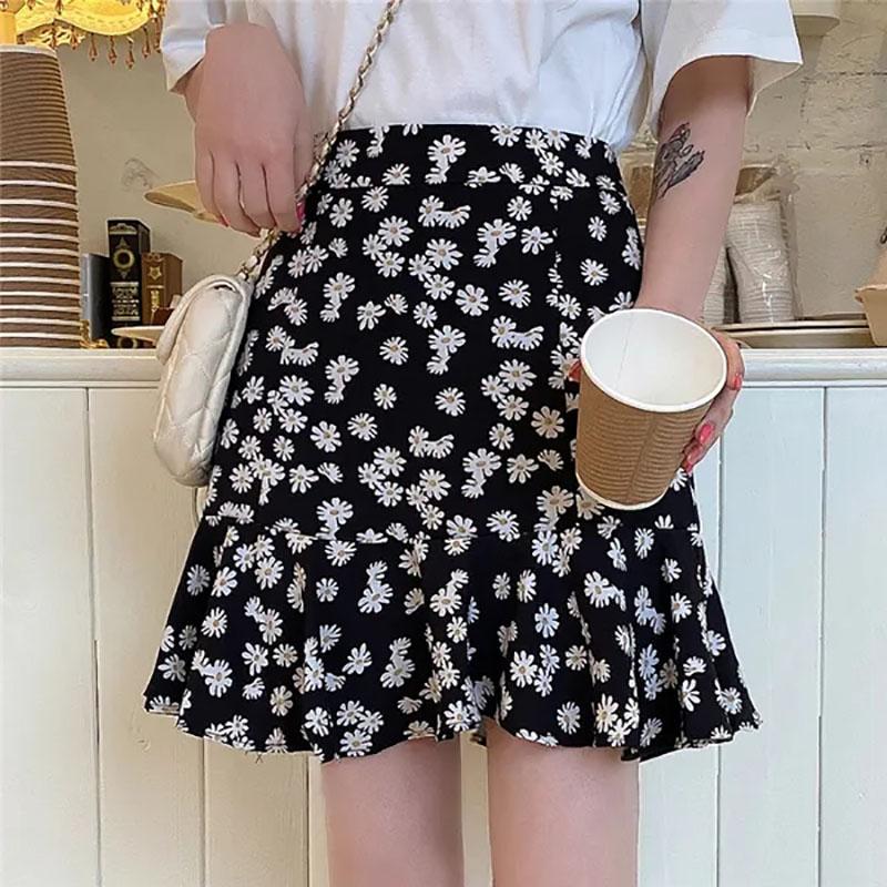 Women's Summer Daisy A-line Skirt Female Large Size Loose High Waist Thin Skirt Girls Breathable Casual Travel Skirt
