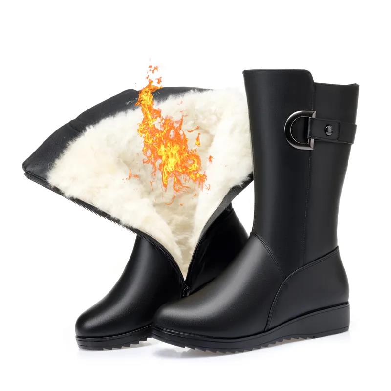 Mid-tube Boots Autumn Winter Women's Boots Plus Velvet Cotton Boots Flat-bottom Flat-heel Women's Shoes Mid-boots Middle-aged Leather Boots