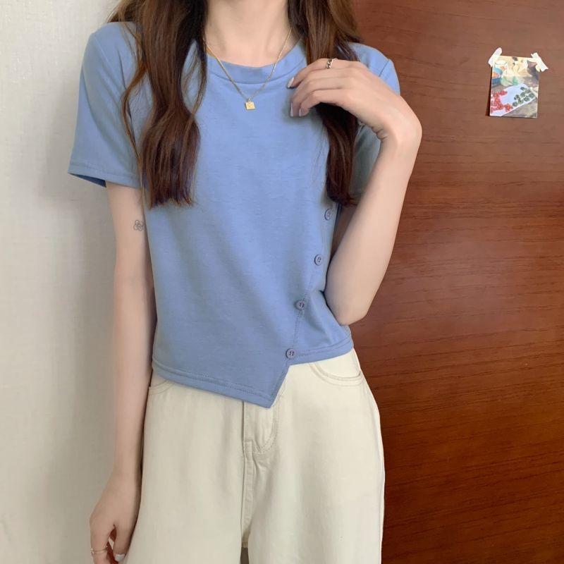 Summer Personality Tops button Women Ladies Irregular Loose Short Sleeve T-shirt Blouse