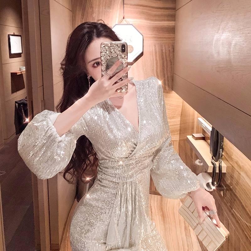 Women's V-neck Dress Long Sleeve Dinner Sexy Bag Hip Dress Charming Leisure Comfortable Stylish