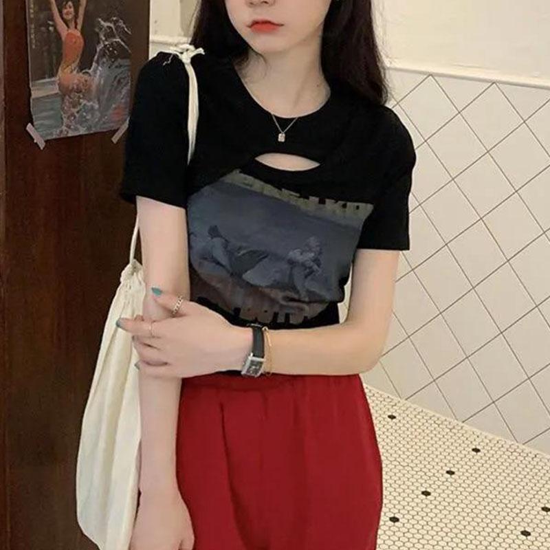 Summer Women's Fashion Asymmetry Tops Sexy Short Sleeve Solid Color Slim T-shirt