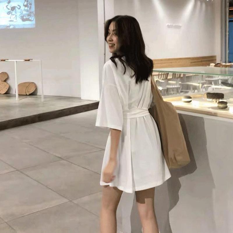 WTEMPOLarge Loose Casual Short Sleeve Round Neck Simple Lace Free Belt Mid-length Women's Dress Daily