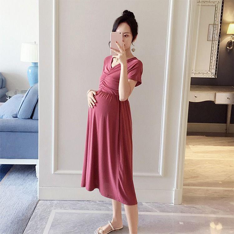 Maternity Clothes Short Sleeve Dress Mid-length Loose Plus Size V-Neck High Waist Over The Knee Skirt