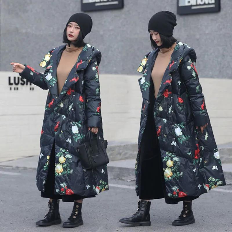 Long Down Jacket Fashion Literary Print Hooded Cotton Jacket Lengthened Thick Loose Plus Size Windbreaker Jacket