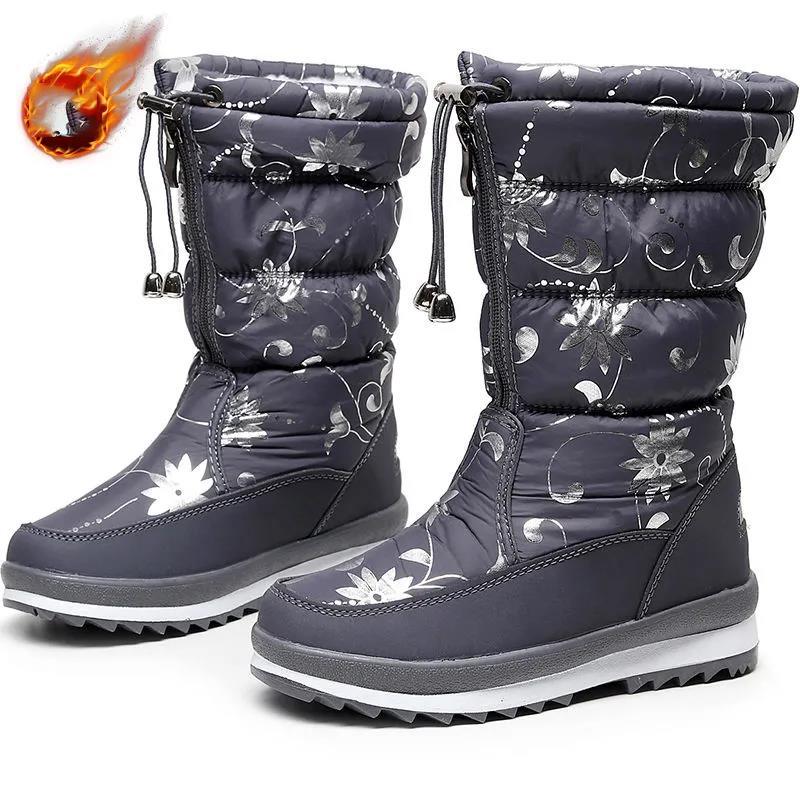 Outdoor Ski Boots Winter Plus Velvet Thick Printing Mid-tube Snow Boots Waterproof Non-slip Women's High-top Boots