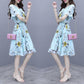 Pofulove S-2XL Women Summer High-end Floral Chiffon Dress Short-sleeved V-neck A-line Sun-dresses