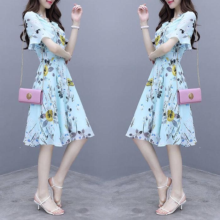 Pofulove S-2XL Women Summer High-end Floral Chiffon Dress Short-sleeved V-neck A-line Sun-dresses