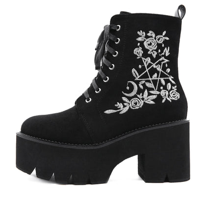 Gothic Boots Women - Goth Black Shoes - Gothic Punk Platform Shoes - Lace Up Back Zipper Boots - Witch Pentagram Moon Embroidery Design