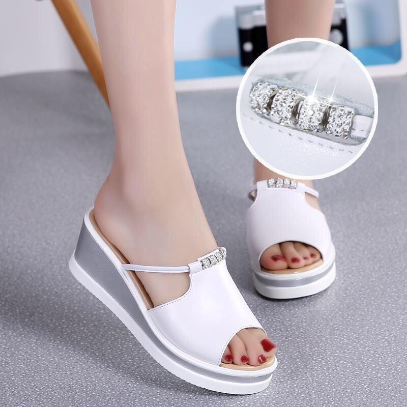 Leather Wedge Sandals Women's Wear Thick-soled Sandals Go Out Non-slip Slip-on Slippers Thick-heeled Women's Shoes with Diamond Decoration