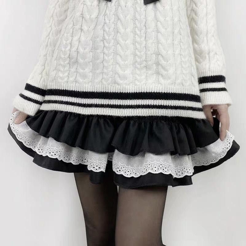 Women High Waist Pleated Skirt School Girl Lace A-Line Flare Skater Short Skirt Uniforms Cosplay Sweet Girls