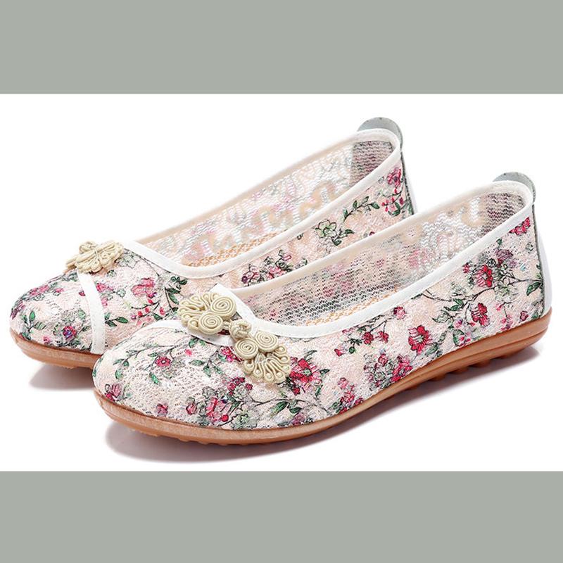 Spring and Summer Flat Mother Shoes National Style Old Beijing Cloth Shoes Women Middle-aged and Elderly Women's Net Shoes Breathable Net Yarn Shoes
