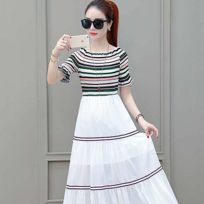 Pofulove S-2XL Women Vintage Off-shoulder A-line Dress Slim Single-neck Mid-length Dress Beach Dress