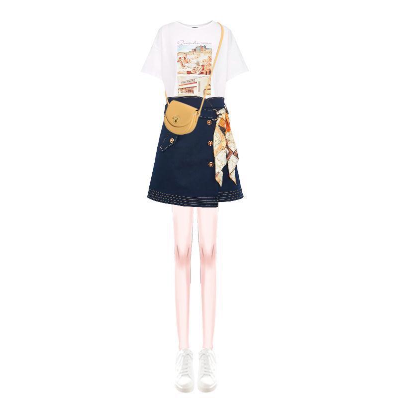 Pofulove Summer tops skirt 2 Piece Set Women printed T Shirt Irregular Skirt 2 Piece Set outfits