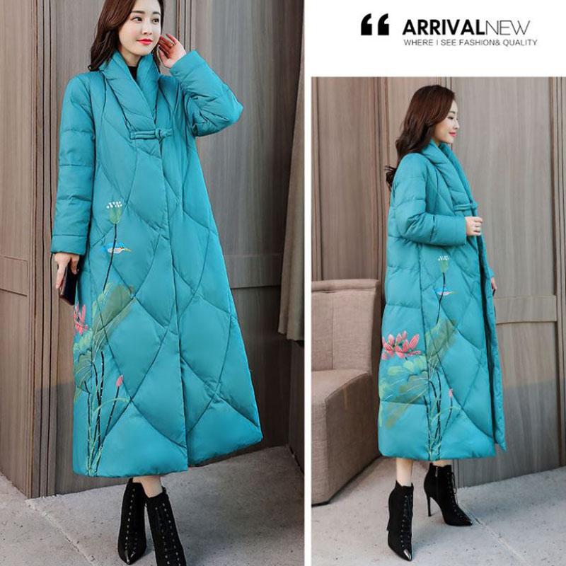 Winter Ladies Down Jacket Retro Printed Long Cotton Jacket Thicken Ethnic Wind Over-the-Knee Jacket