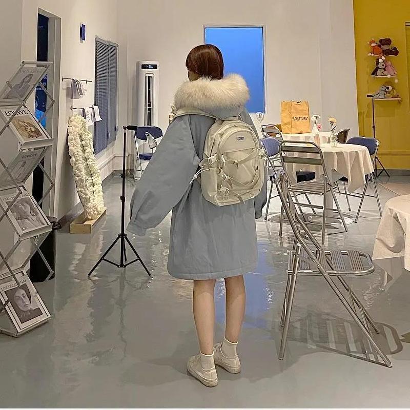 College Style Embroidered Cute Gray-blue Mid-length Cotton-padded Jacket Female Student