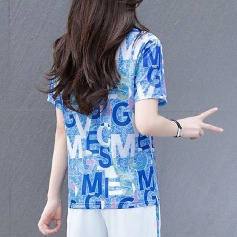 Women's Tops Summer English Print Loose Round Neck Versatile Short Sleeves