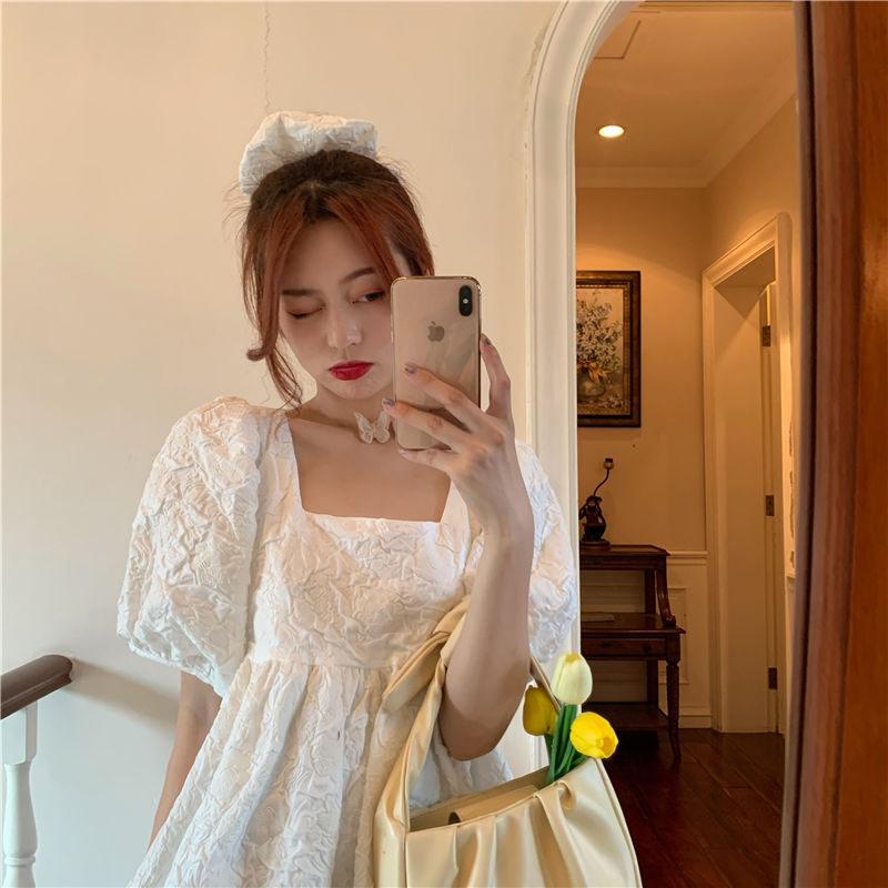 Spring and Summer Dress Korean Version of French Square Neck Bow Loose Temperament Puff Sleeve A-line Skirt