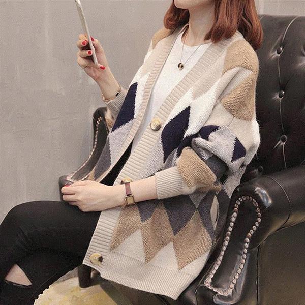 Colorblock Printing V-neck Jacket Autumn and Winter Button Knit Cardigan Loose Casual Sweater