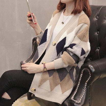 Colorblock Printing V-neck Jacket Autumn and Winter Button Knit Cardigan Loose Casual Sweater