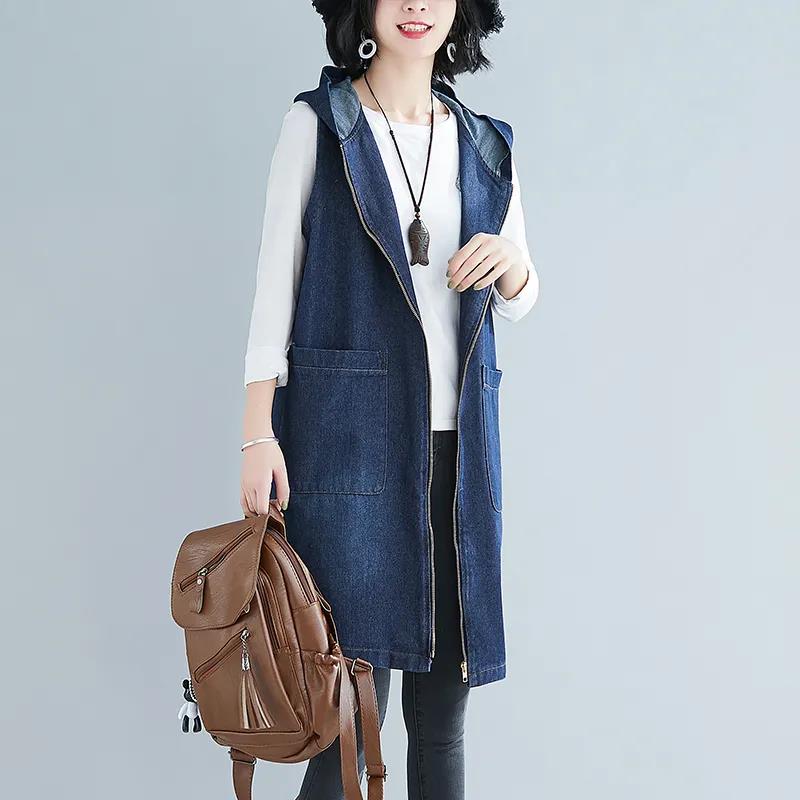 Large Size Denim Vest Women Spring and Autumn New Mid-length Casual Loose Hooded Waistcoat Jacket Hooded Zipper Jacket