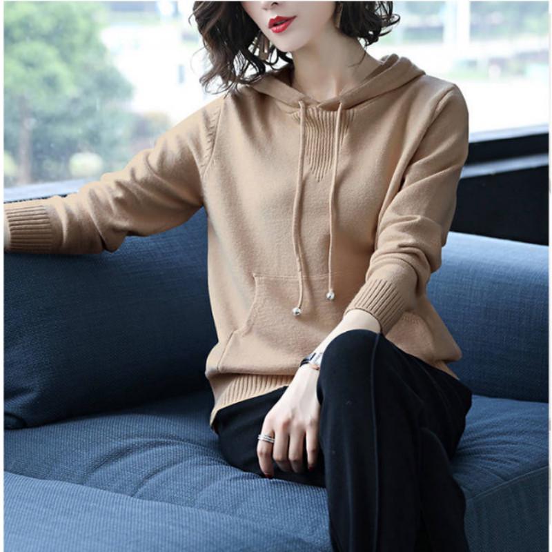 Autumn Sweater Women Hooded Collar Pullover Solid Color Knitted Short Jacket Fashion Casual