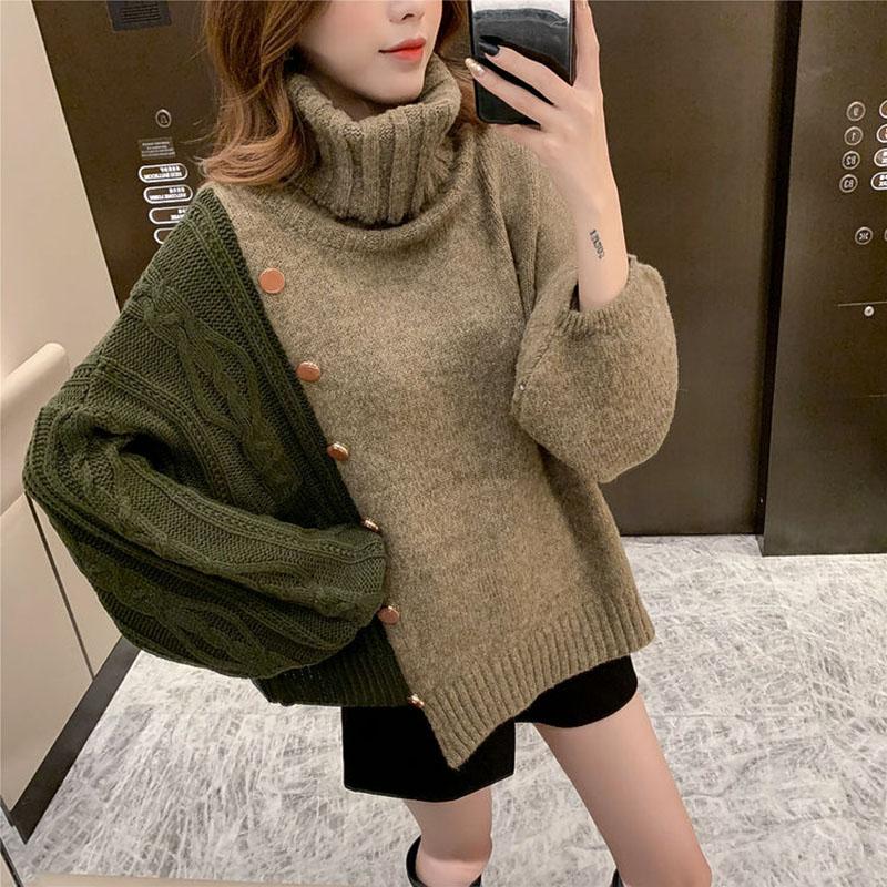 Autumn and Winter Loose Turtleneck Sweater Casual Color Matching Diagonally Buttoned Top Fashion Knitted Women's Jacket
