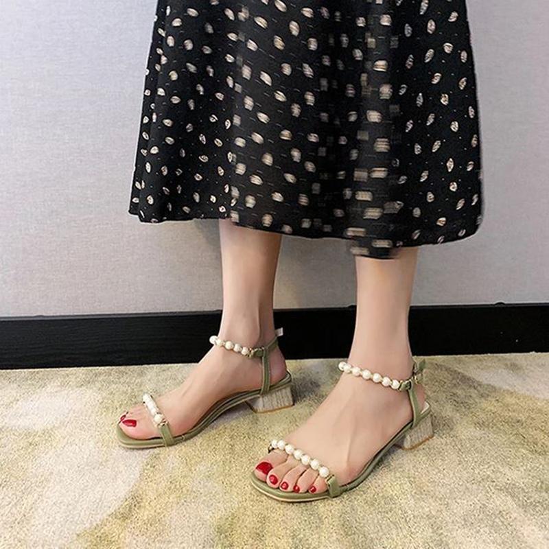 Sandals Women's Summer Korean Fashion Thick Heels High-heeled Pearl Sandals