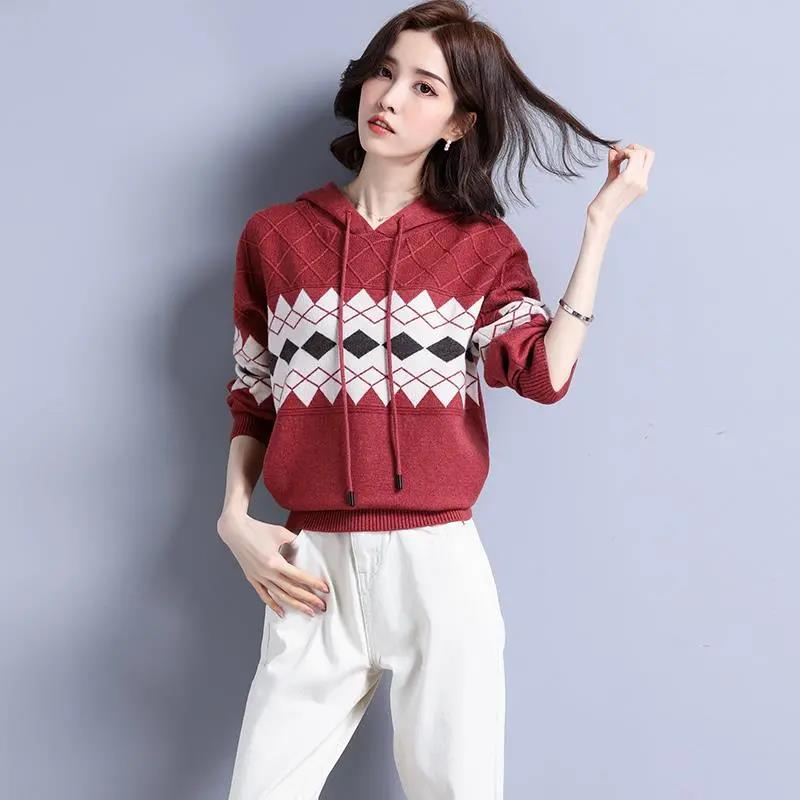 Hooded Sweater Women Rhombus Jacquard All-match Sweater Loose Pullover Women