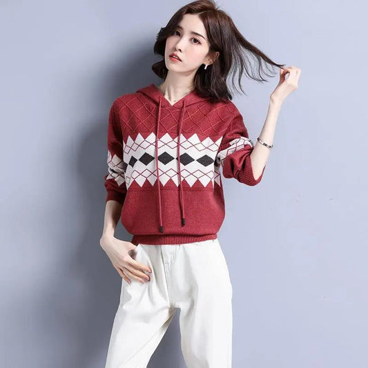 Hooded Sweater Women Rhombus Jacquard All-match Sweater Loose Pullover Women