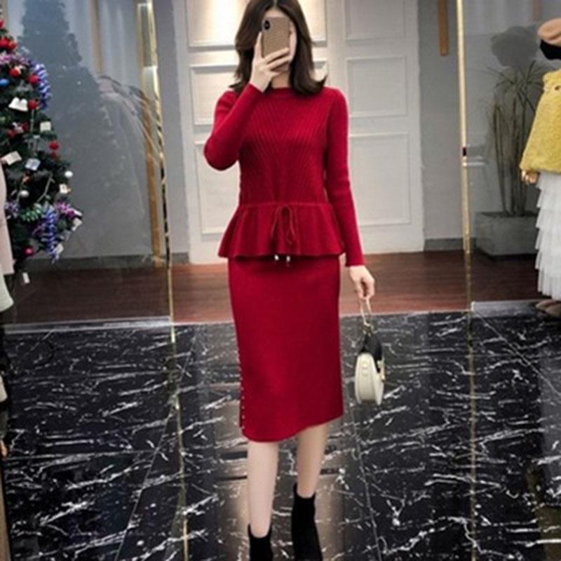Elegant Autumn Knitted Dress Women Two Piece Set Winter Warm Soft Sweater Dress Lady Casual Dress