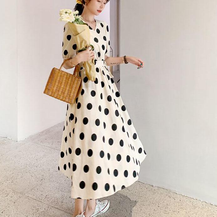 Female Plus Size Elegant Holiday Dress Slim V-neck Wave Point Print Bubble Sleeve Big Swing Long Dress